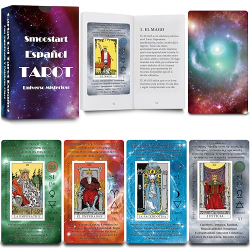 Smoostart Cartas Tarot Español para Principiantes con Explicación, Holográfico Tarot con Guía para Principiantes, Palabras Clave, Elemento, Planeta, Zodiaco, Chakra, Numerología, Sí O No